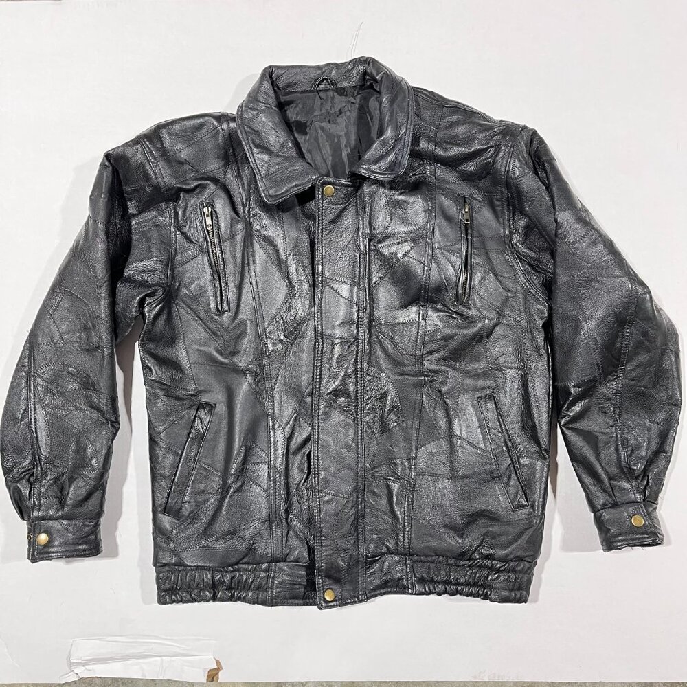 Vintage 90s Embassy USA Black Patchwork Leather Bomber Jacket Coat Size L